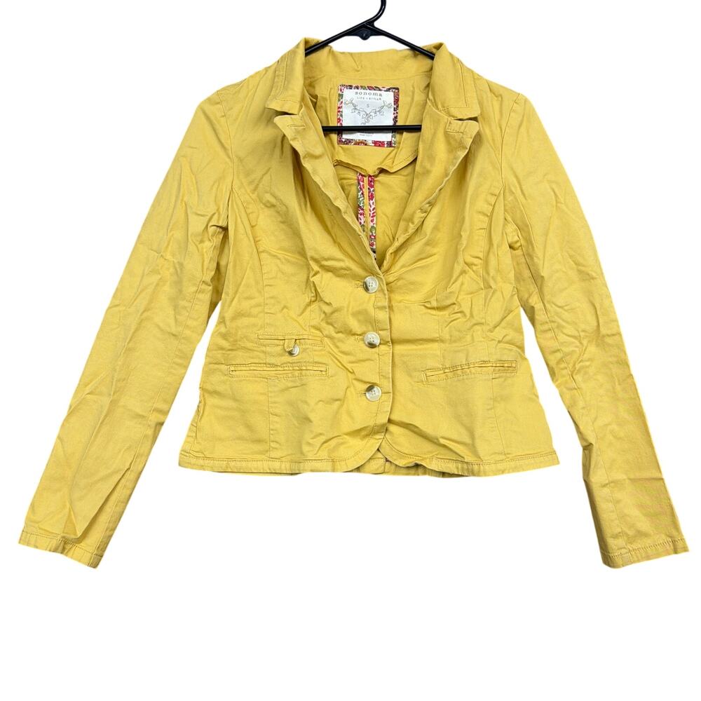 Sonoma Womens Blazer Yellow Mustard Collared Button Front Long Sleeve Stretch S